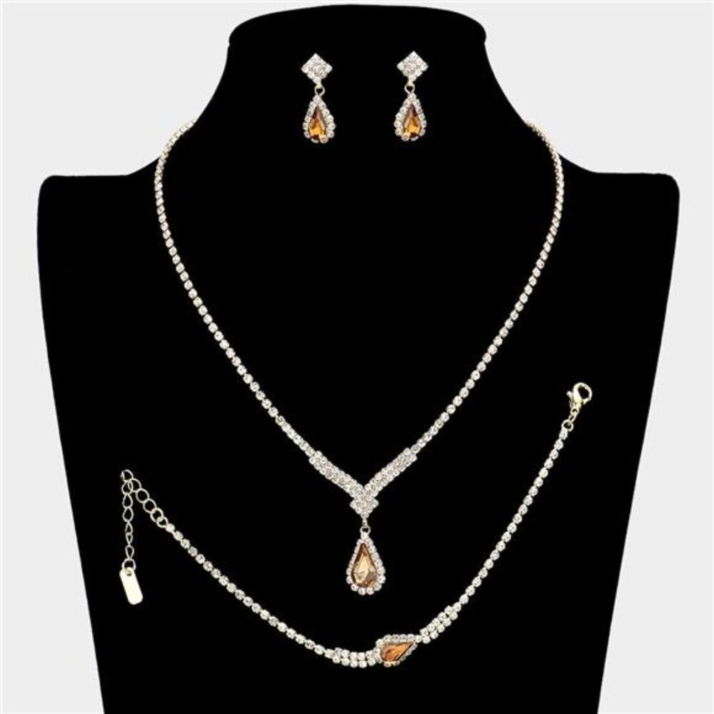 3 Piece Teardrop Stone Accented Rhinestone Necklace Jewelry Set